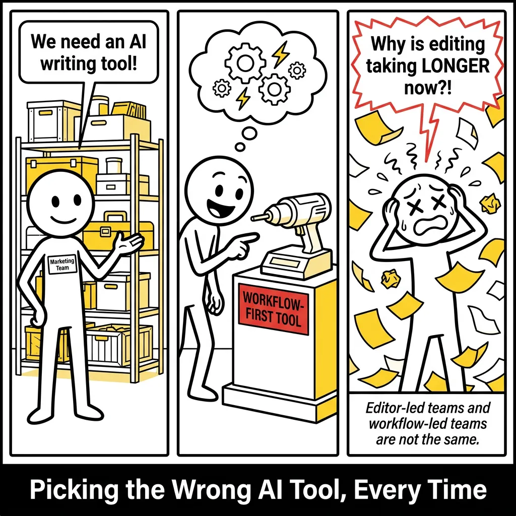 Three-panel comic strip: stick figure 'Marketing Team' picks a workflow-first AI tool, then drowns in papers asking why editing takes longer