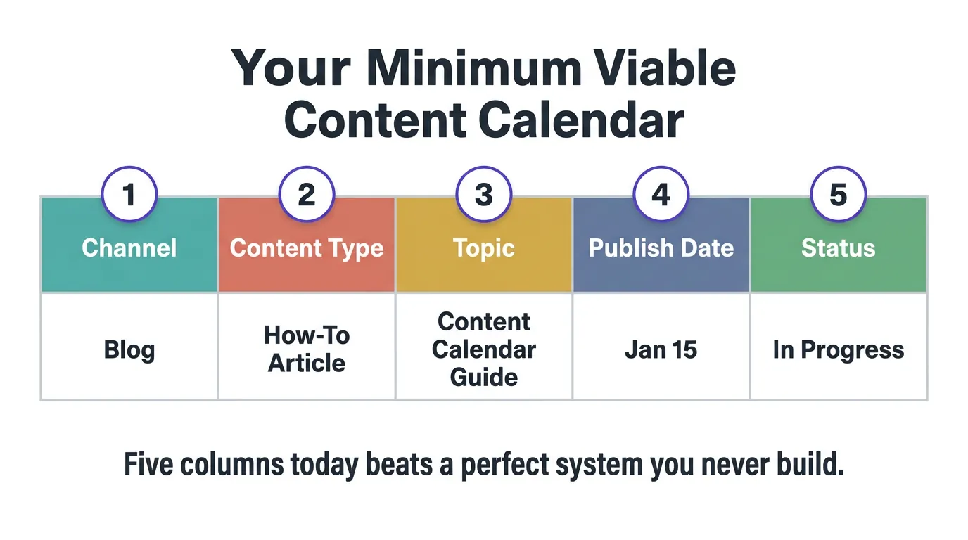 Five-column content calendar table with headers Channel, Content Type, Topic, Publish Date, Status — each labeled with numbered badges 1 through 5