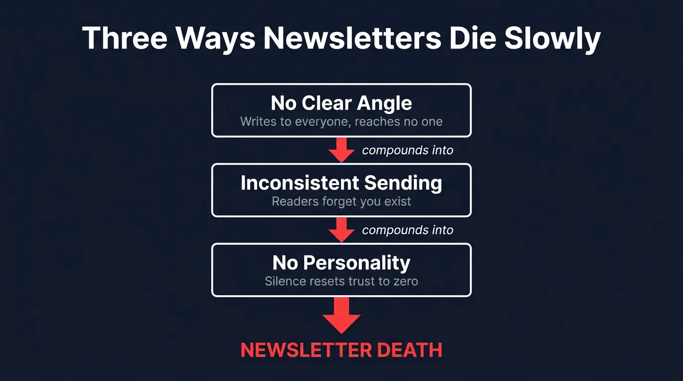 Dark navy infographic with three white-bordered boxes labeled 'No Clear Angle,' 'Inconsistent Sending,' and 'No Personality,' connected by red downward arrows reading 'compounds into,' ending in bold red 'Newsletter Death' text
