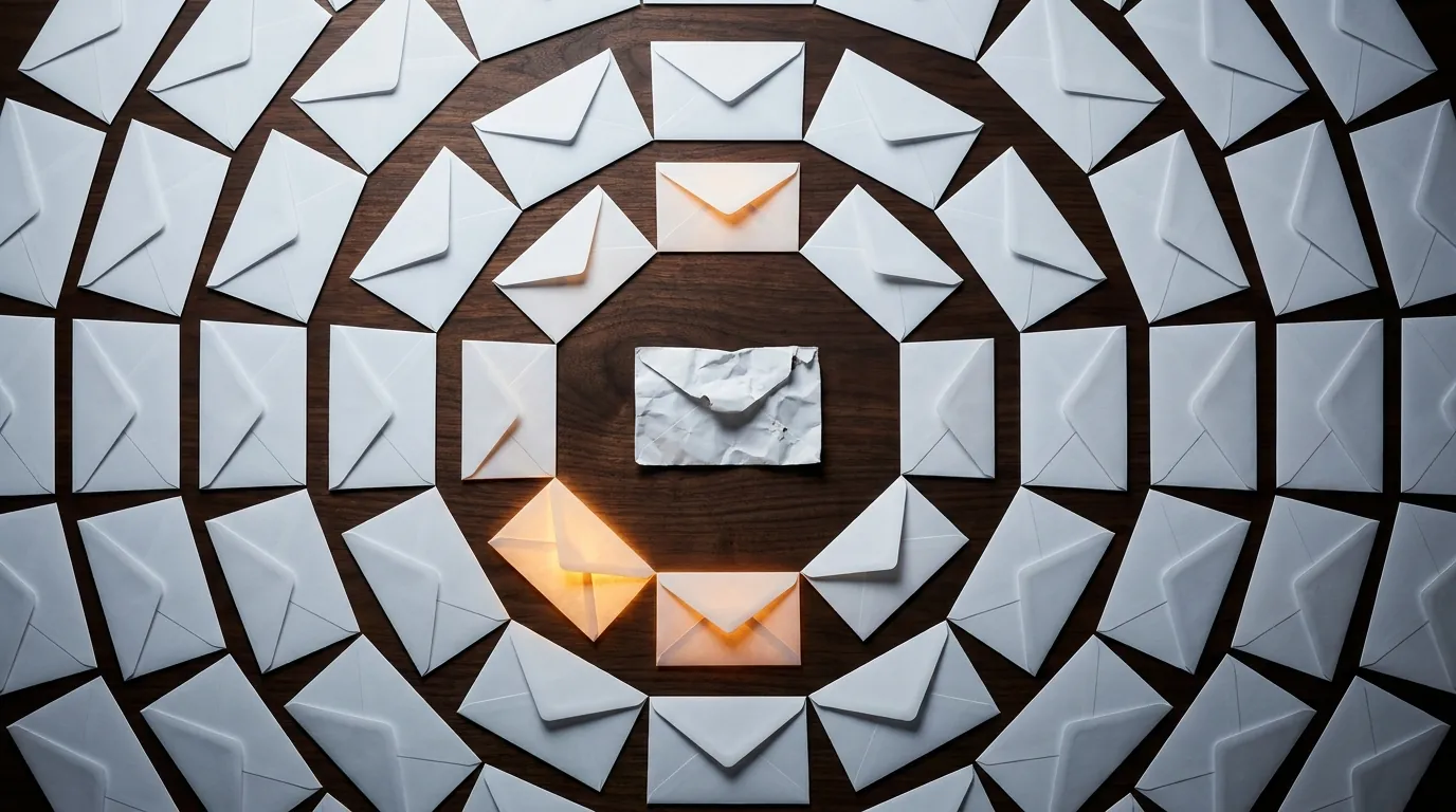 Dozens of sealed white envelopes arranged in concentric rings on dark walnut desk, one glowing amber from within, crumpled envelope at center, overhead view