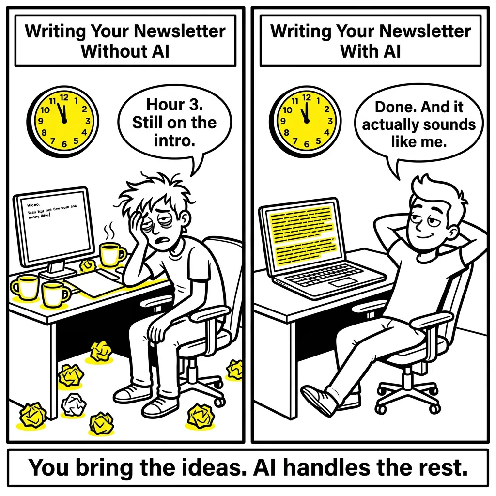 Two-panel comic strip: left panel shows exhausted person at messy desk at 11pm with blank doc, right panel shows same person relaxed with finished newsletter at 11:30pm