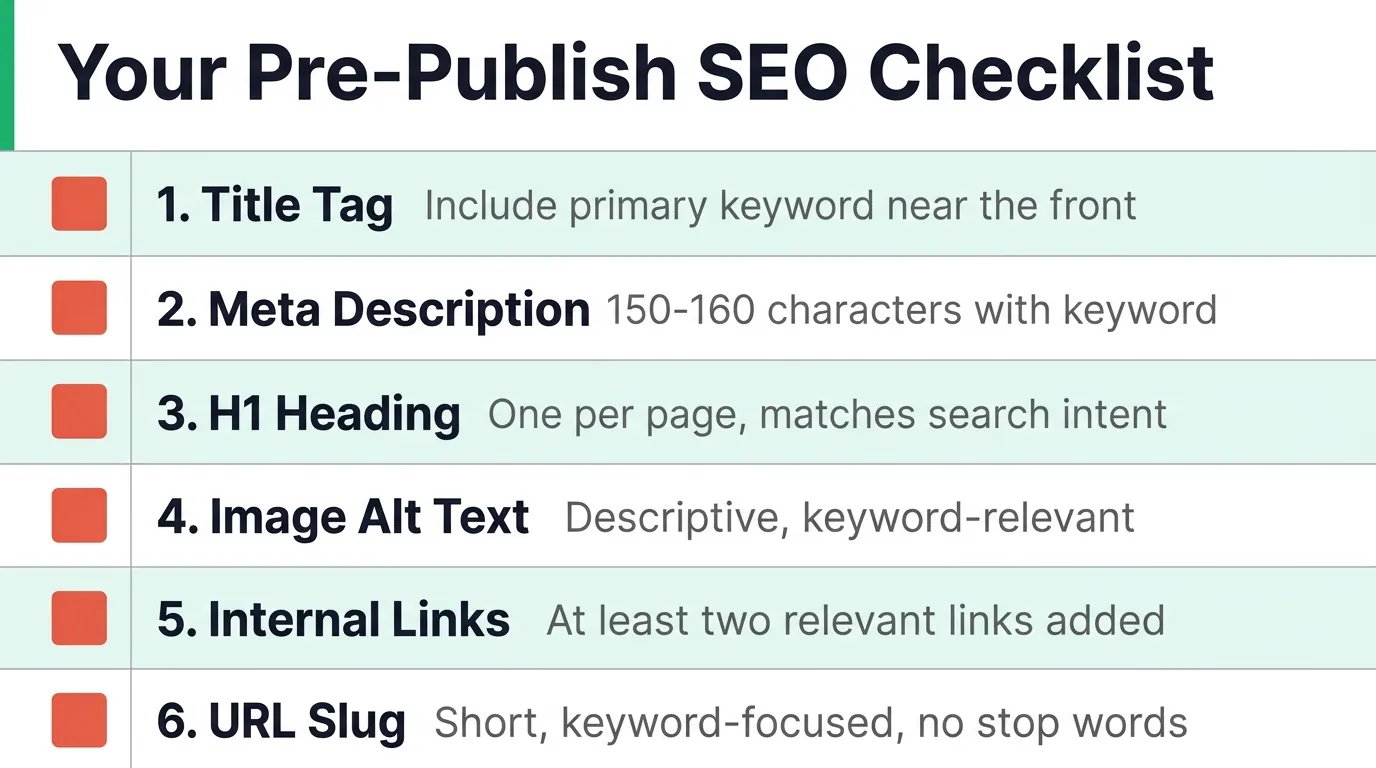 Six-row SEO checklist with coral checkboxes listing title tag, meta description, H1, alt text, internal links, and URL slug on alternating teal and white rows