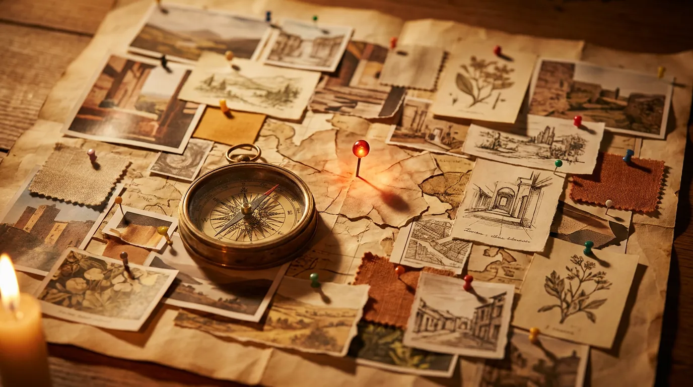 Vintage brass compass on hand-drawn map of pinned photos and mood-board clippings, needle pointing to glowing red pin, lit by warm candlelight