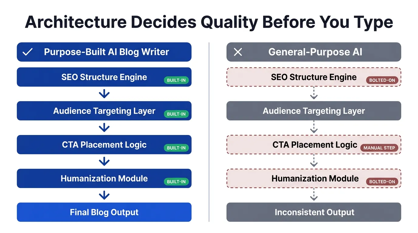 Side-by-side pipeline diagram comparing purpose-built AI blog writer with 5 built-in stages versus general-purpose AI with bolted-on and manual steps