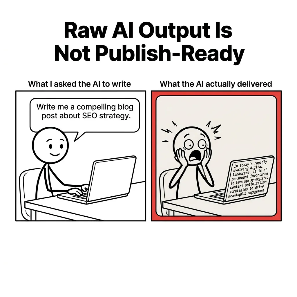 Two-panel comic strip: stick figure asks AI for SEO blog post, then recoils in horror at jargon-filled response on screen