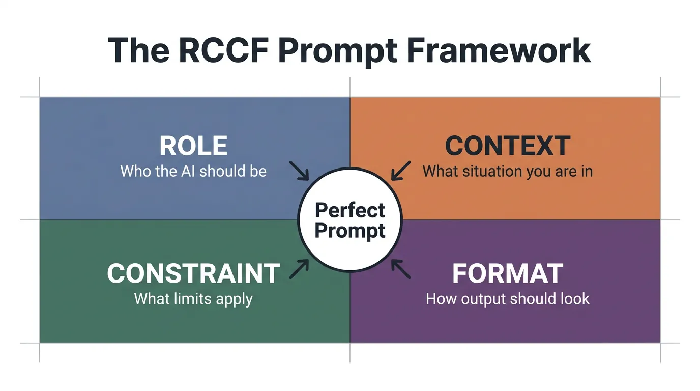 2x2 grid diagram of the RCCF Prompt Framework with Role, Context, Constraint, and Format quadrants pointing to a center circle labeled Perfect Prompt