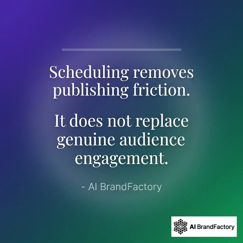 AI BrandFactory Quote Card - Scheduling vs. Genuine Audience Engagement Quote card: 'Scheduling removes publishing friction. It does not replace genuine audience engagement.' on violet-to-green gradient background, attributed to AI BrandFactory