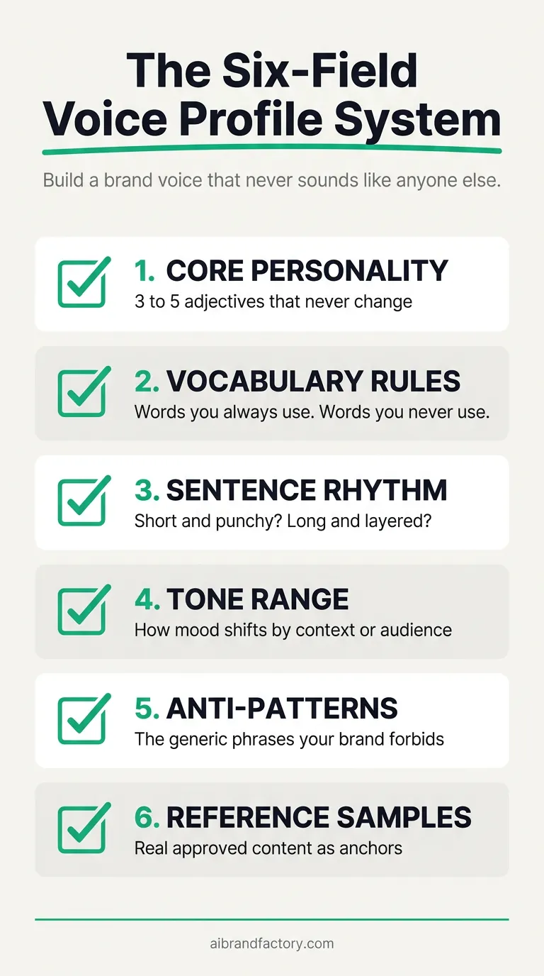 Six-field brand voice profile checklist with teal checkboxes: Core Personality, Vocabulary Rules, Sentence Rhythm, Tone Range, Anti-Patterns, Reference Samples