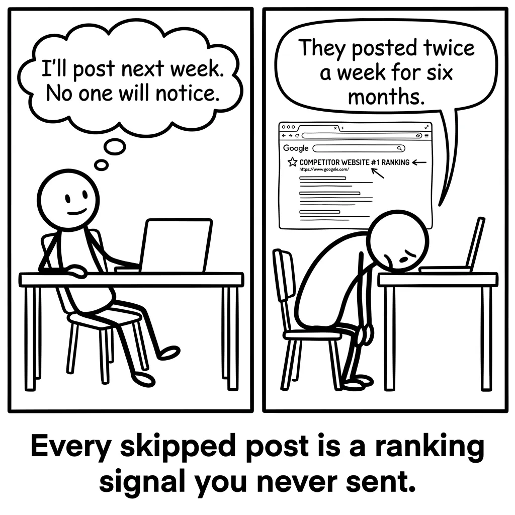 Two-panel stick figure comic: left panel shows relaxed figure at desk thinking 'I'll post next week,' right panel shows same figure slumped in horror at competitor ranked #1 on Google