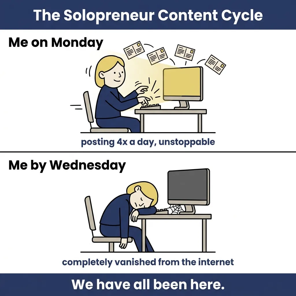 The Solopreneur Content Cycle: Monday Energy vs. Wednesday Reality Two-panel comic strip: top panel shows cartoon person typing furiously with posts flying from screen labeled 'posting 4x a day,' bottom panel shows same person slumped at dark screen with cobwebs on keyboard