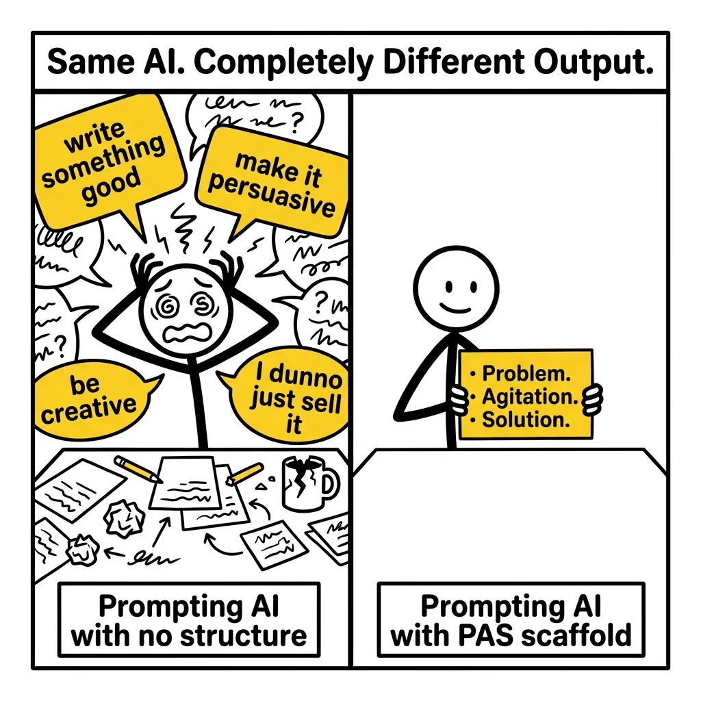 Two-panel comic strip: left panel shows stressed stick figure at chaotic desk with speech bubbles saying 'be creative' and 'I dunno just sell it'; right panel shows calm stick figure holding index card labeled 'Problem. Agitation. Solution.'