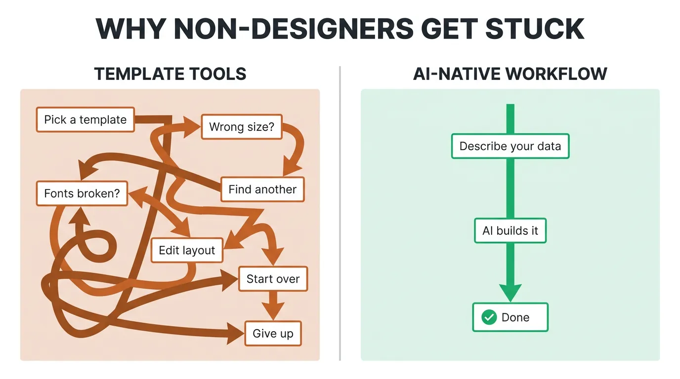 Side-by-side diagram: tangled orange decision maze labeled 'Template Tools' vs clean green arrow labeled 'AI-Native Workflow' with three steps