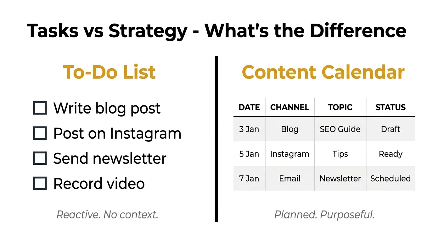Side-by-side diagram comparing a checkbox to-do list on the left with a content calendar grid on the right, labeled 'Tasks vs Strategy'