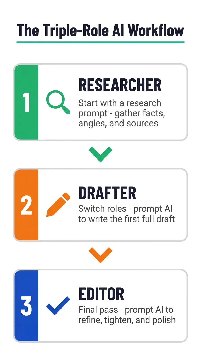 Three-step AI workflow diagram on white background: Researcher (teal), Drafter (orange), Editor (deep blue) connected by downward arrows