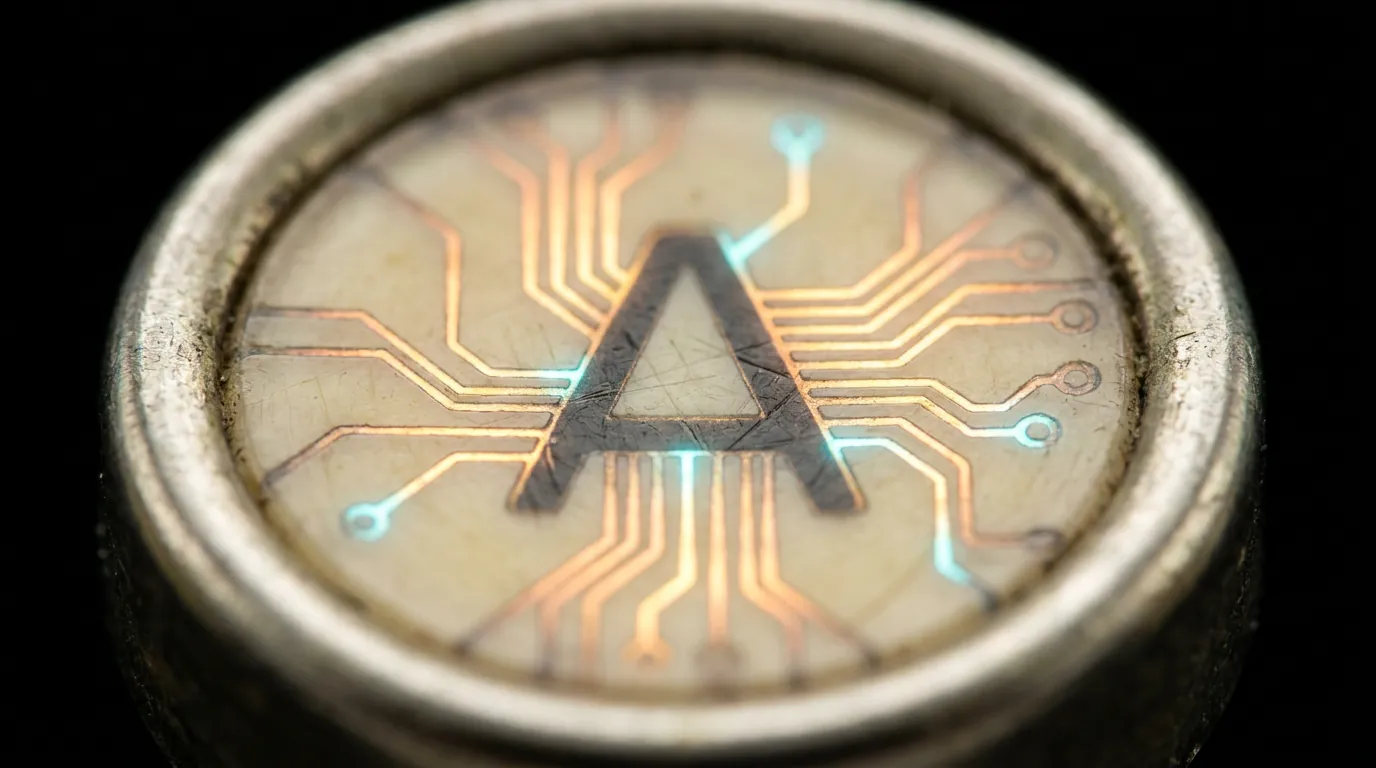 Vintage typewriter 'A' key with glowing amber circuit traces etched into worn ivory surface, dissolving into black bokeh background