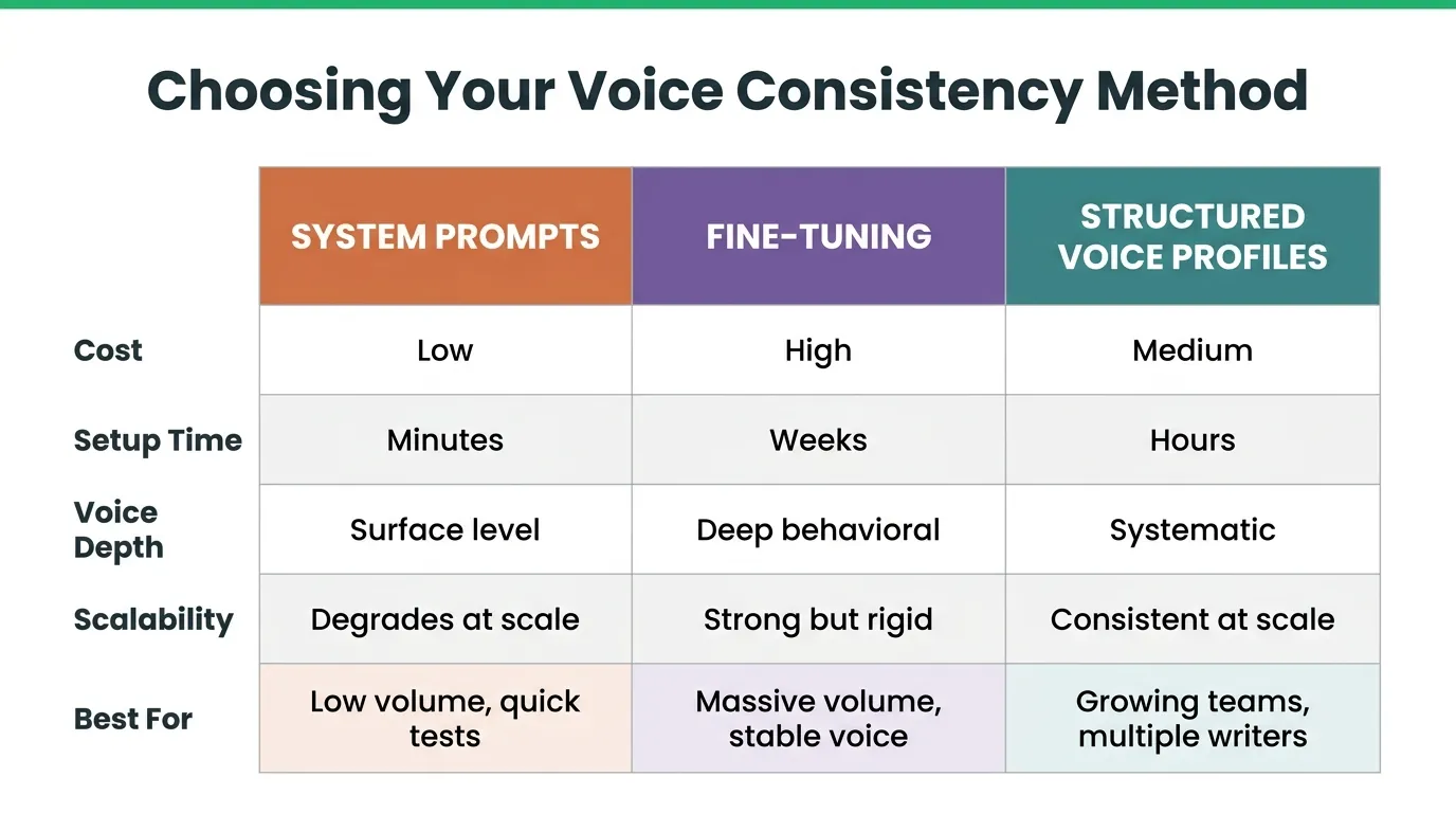 Comparison table for voice consistency methods: System Prompts, Fine-Tuning, and Structured Voice Profiles rated on cost, setup time, scalability