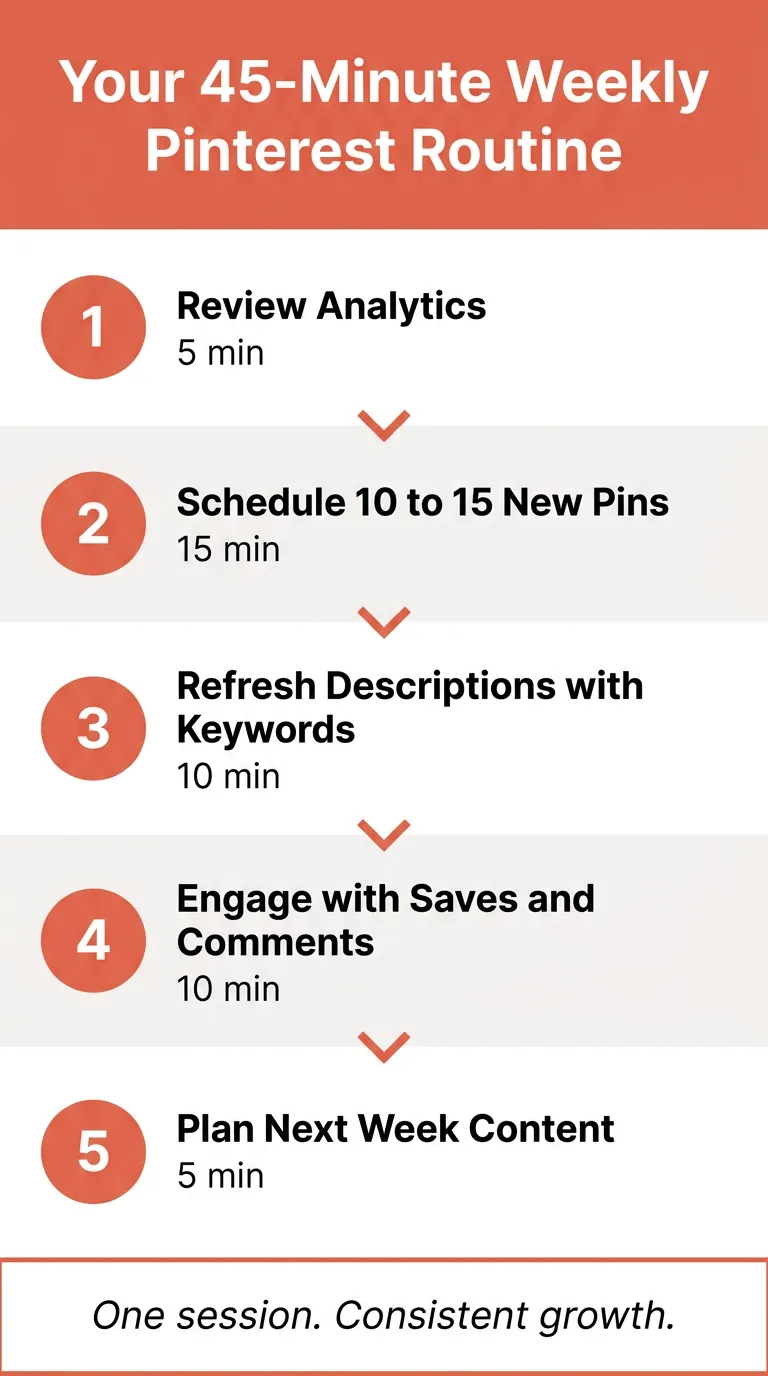 Step-by-step Pinterest weekly routine infographic with 5 coral-numbered rows: analytics review, scheduling pins, keyword refresh, engagement, and content planning